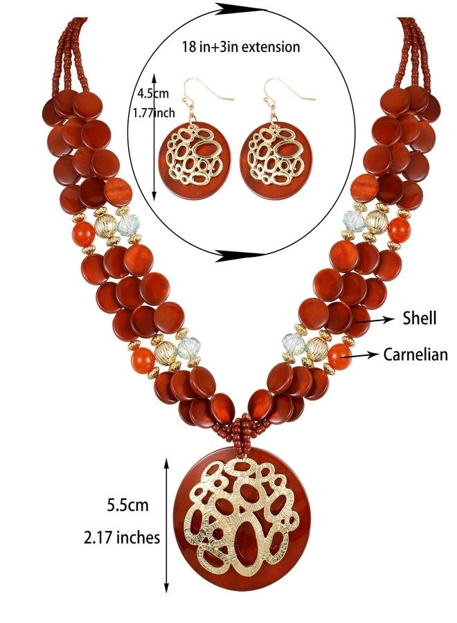 Xalroco Gold / Silver plated Circle Metal Patterned Shell Pendant Necklace and Earrings Colorful Chunky Layered Shell Crystal Stone Beads Necklace Set for Women Leopard Print Brown Jewelry Set Gift (burnt orange) - Image 5